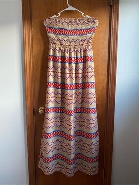 Sans Souci Beige Dress with Red & Blue Geo Print. Strapless